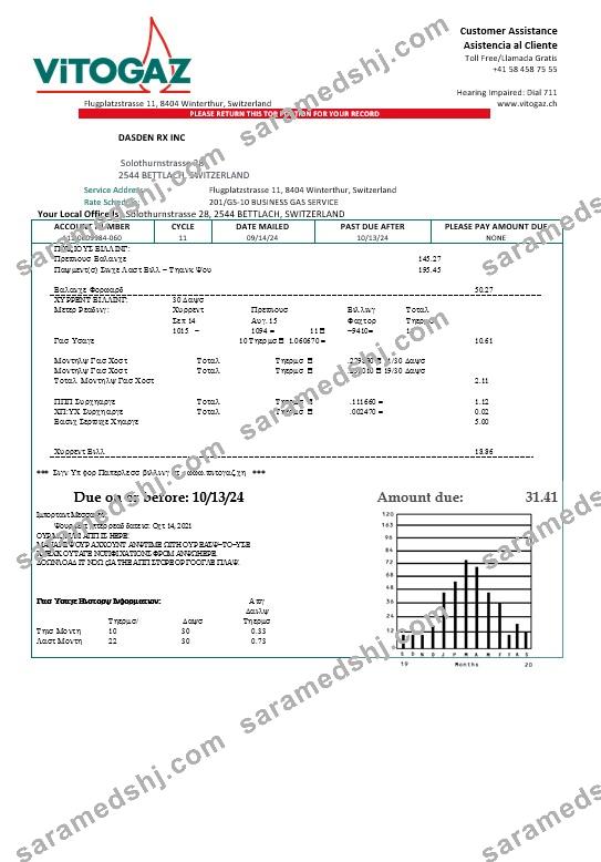 Switzerland Vitogaz Switzerland AG business utility bill template, fully editable in Word and PDF formats